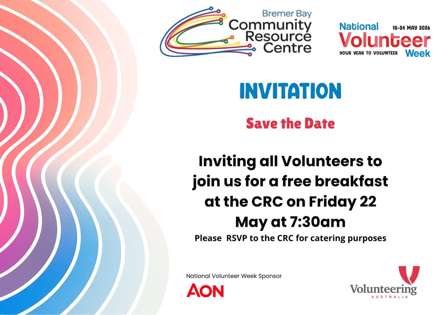 Free Volunteer Breakfast 22 May 2026 as part of National Volunteer Week